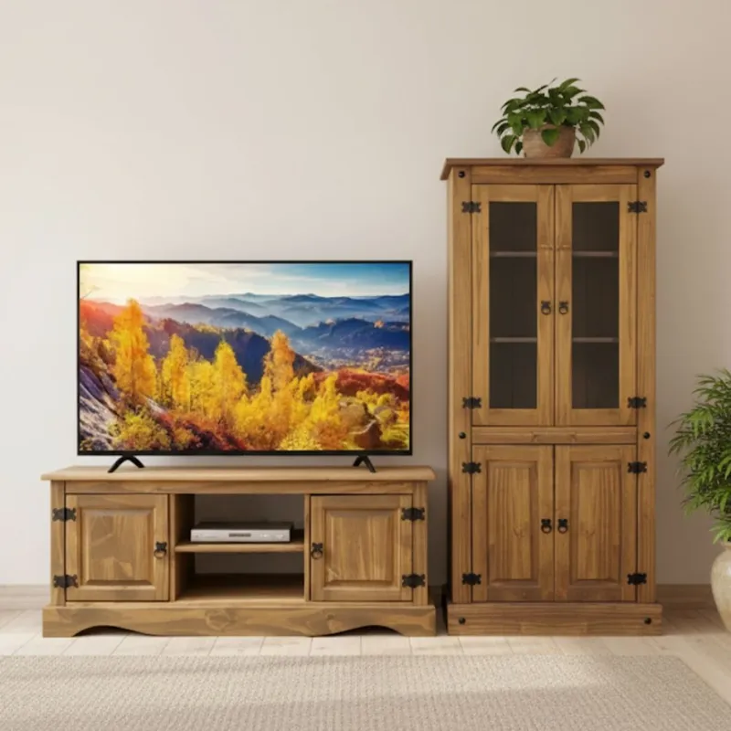 Promo Rack de Tv + Biblioteca con Cristalero Línea Naturale - Blanco en Blanco - Muebles para TV, Uruguay | La Cueva Muebles