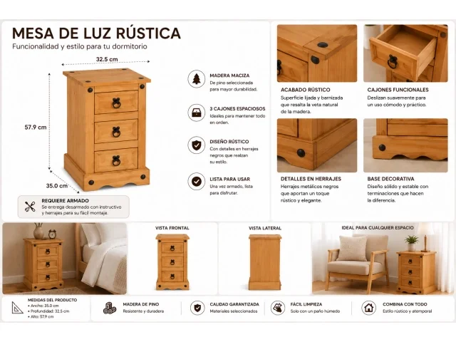 Mesa de Luz 3 cajones Cera/Blanca LINEA CORONA MADERA en Madera natural - Mesas de luz, Uruguay | Que Sal Muebleria
