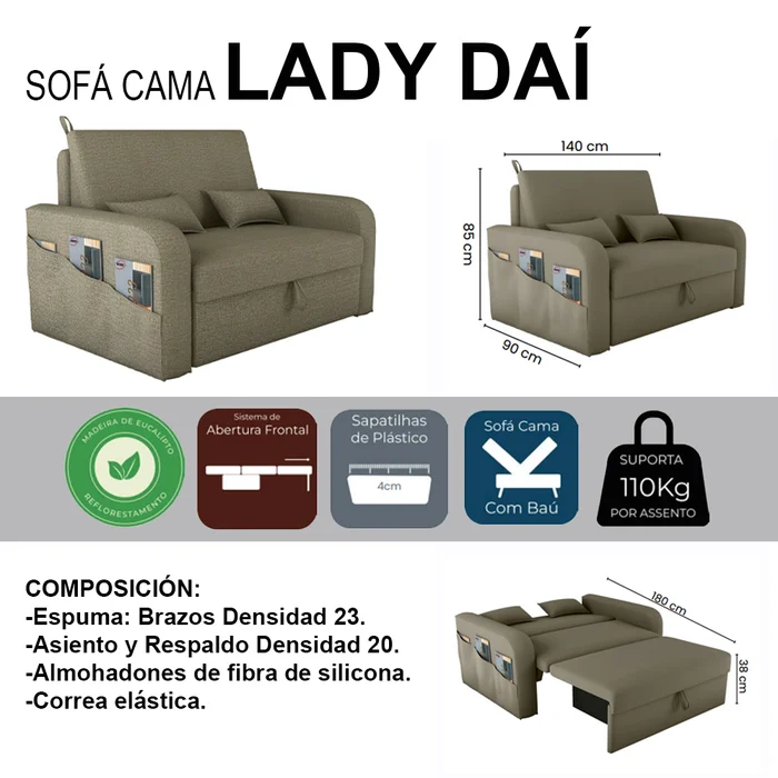 Sofa Cama 2 Plazas Abertura Frontal Ruedas Patas De Plastico en Marrón - Sillones y sofás, Uruguay | Soy Hogar, vista 2
