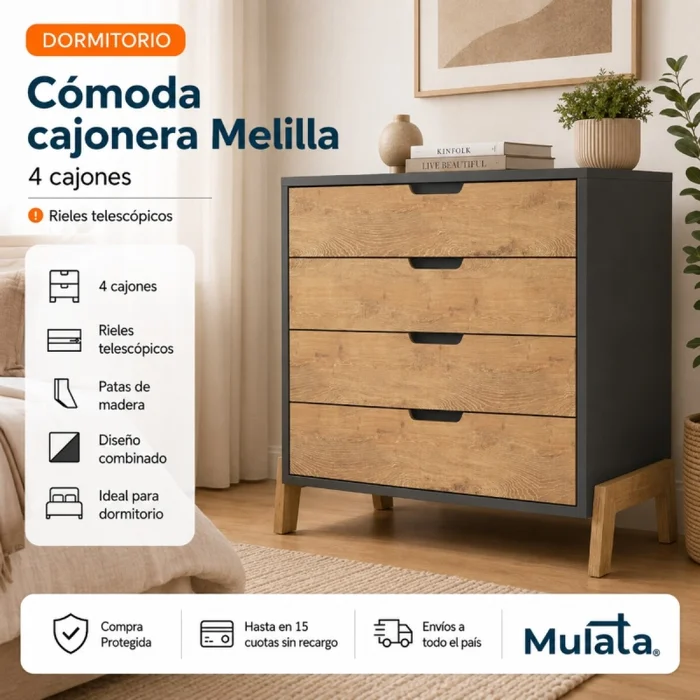 Cómoda Cajonera 4 Cajones Rieles telescópicos Combinada con Patas Madera - MDP - Linea Melilla en Multicolor - Cómodas, Uruguay | Mulata, vista 2