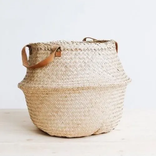 CANASTO NATURAL CON ASA DE CUERO LARGA en Madera natural - Canastos, Uruguay | Indrana
