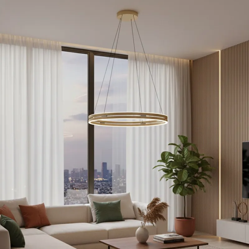 Colgante led anillo motorizado 44w 70cm a control remoto con varias funciones, Dorado. en Amarillo - Lámparas colgantes, Uruguay | Iluminica