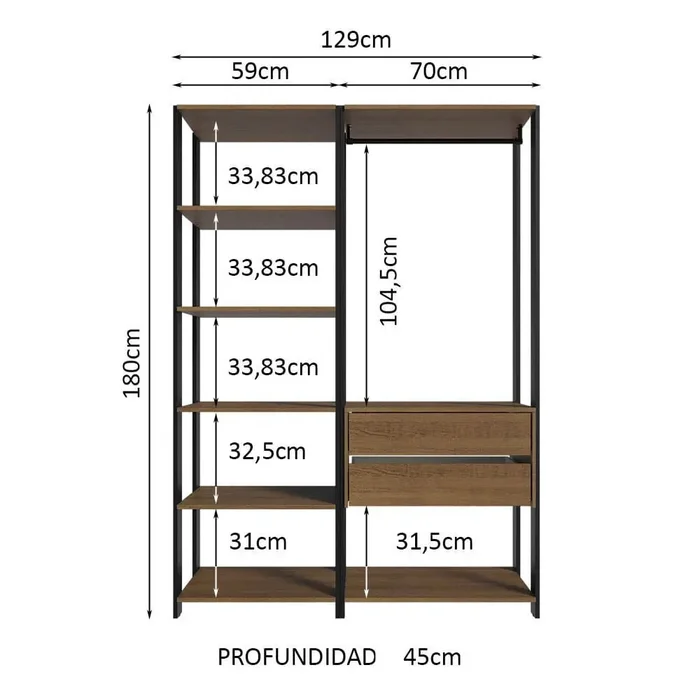 Ropero Placard Abierto Valencia Mueble de guardado 2 Cajones 129cm Rústico/Negro en Madera natural - Roperos y placares, Uruguay | Balton, vista 5