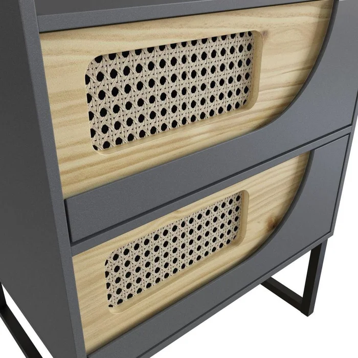 Mesa de Luz Dos Cajones Grafito Detalle Madera Clara y Rattan en Gris - Mesas de luz, Uruguay | Champagne Home, vista 3
