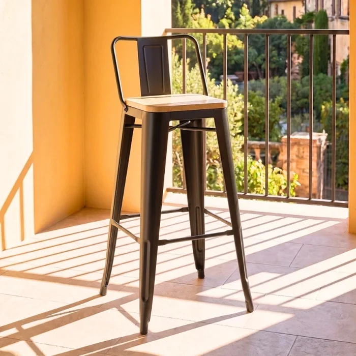 Banqueta Butaca con Respaldo Metal Madera - Tolix - Negro en Negro - Butacas, banquetas y puffs, Uruguay | Ecowood