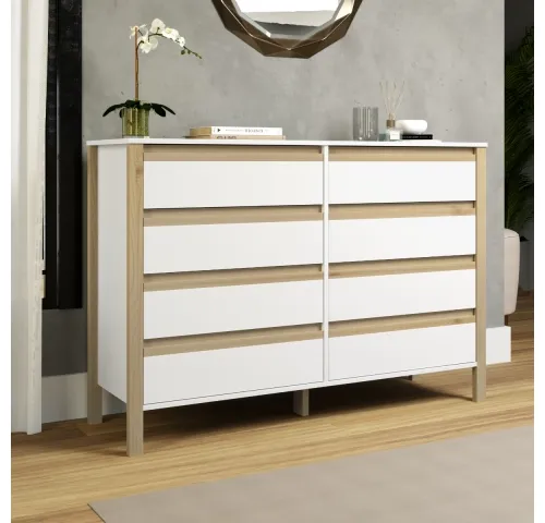 Comoda Combinado Madera 8 Cajones Blanco/Miel en Blanco - Cómodas, Uruguay | Que Sal Muebleria