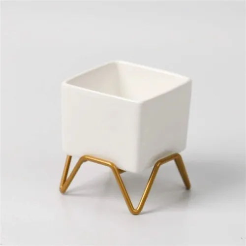 MACETA CERAMICA C/BASE 6x6x9CM BLANCO/DORADO - Macetas, Uruguay | Decohogar