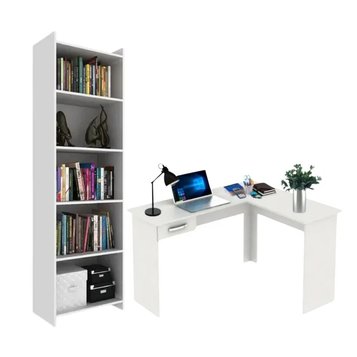 Promo Escritorio Esquinero + Biblioteca 5 Estantes - Blanco en Blanco - Bibliotecas, Uruguay | La Cueva Muebles, vista 4