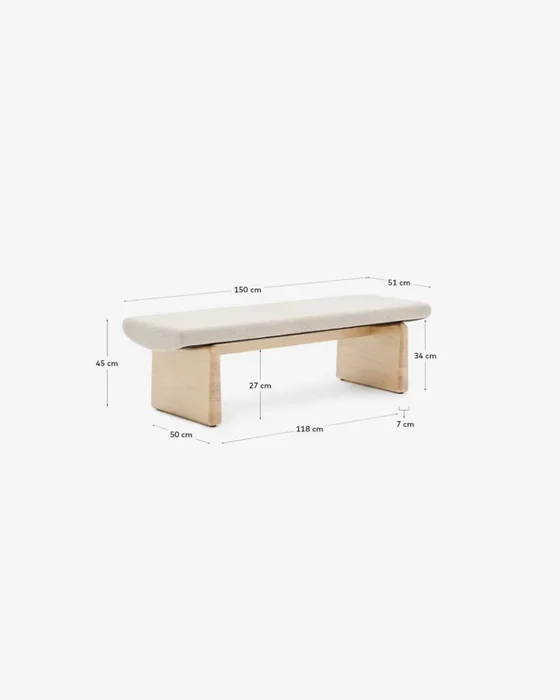 Banco Topaz de chenilla beige y madera maciza de fresno - con acabado natural 150cm FSC 100% en Beige - Butacas, banquetas y puffs, Uruguay | Kavehome, vista 8