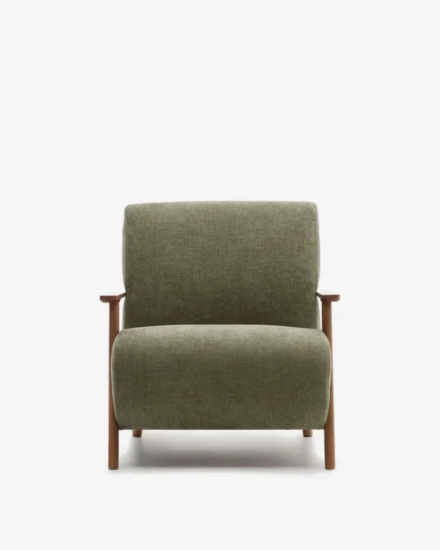 Butaca Meghan de chenilla - de chenilla verde y madera maciza de fresno con acabado nogal FSC Mix Credit en Beige - Butacas, banquetas y puffs, Uruguay | Kavehome, vista 7