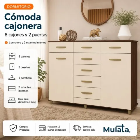 Comoda Cajonera de 8 cajones 2 puertas 1 perchero y 2 estantes internos para Dormitorio o Living - FE - Rustico / Champan en Beige - Cómodas, Uruguay | Mulata