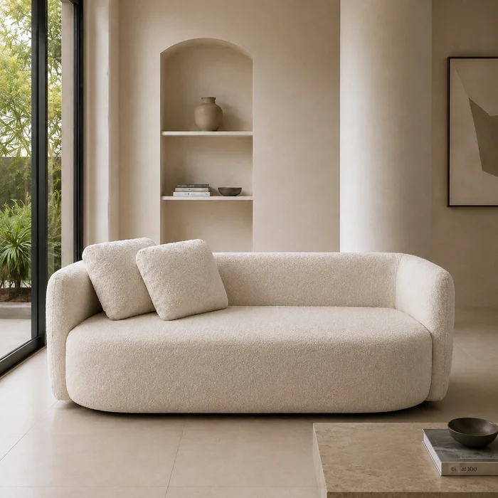 Sofa Solana en Azul Nordico, Crema Bouclé, Polished - Sillones y sofás, Uruguay | Casa Brava