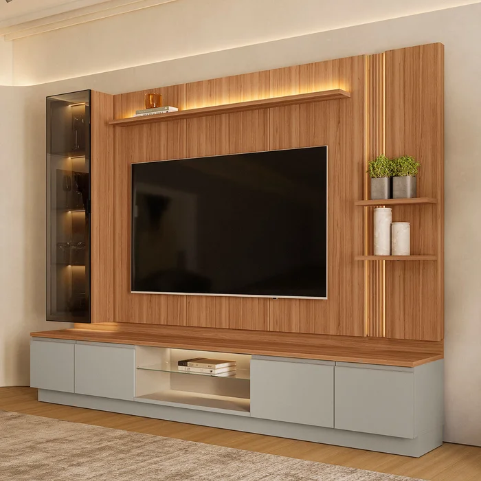 Conjunto Modular - Magnum 290CM - Cristalero con Led en Madera natural - Muebles para TV, Uruguay | Balton, vista 7