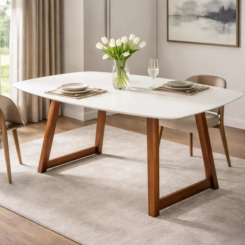 MESA COMEDOR - PATAS MADERA - TAPA LACA OFF WHITE C/VIDRIO en Madera natural - Mesas de comedor, Uruguay | Champagne Home, vista 3