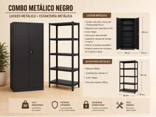 Combo Locker Metálico 2 Puertas Con Llave + Estantería Metálica 5 Estantes en Negro - Sillones y sofás, Uruguay | Que Sal Muebleria, vista 3