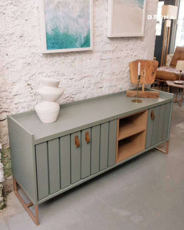 Rack Trendy Verde (Pie Dorado) 140 cm en Verde / Marrón – Material: Marco de acero al carbono de 15 mm – Pintura metaliza - Muebles para TV, Uruguay | Berna home, vista 3