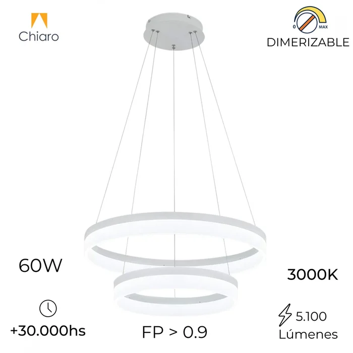 Colgante led 2 Fajas de anillos- 60W Dimerizable en Blanco - Lámparas colgantes, Uruguay | Iluminica, vista 3