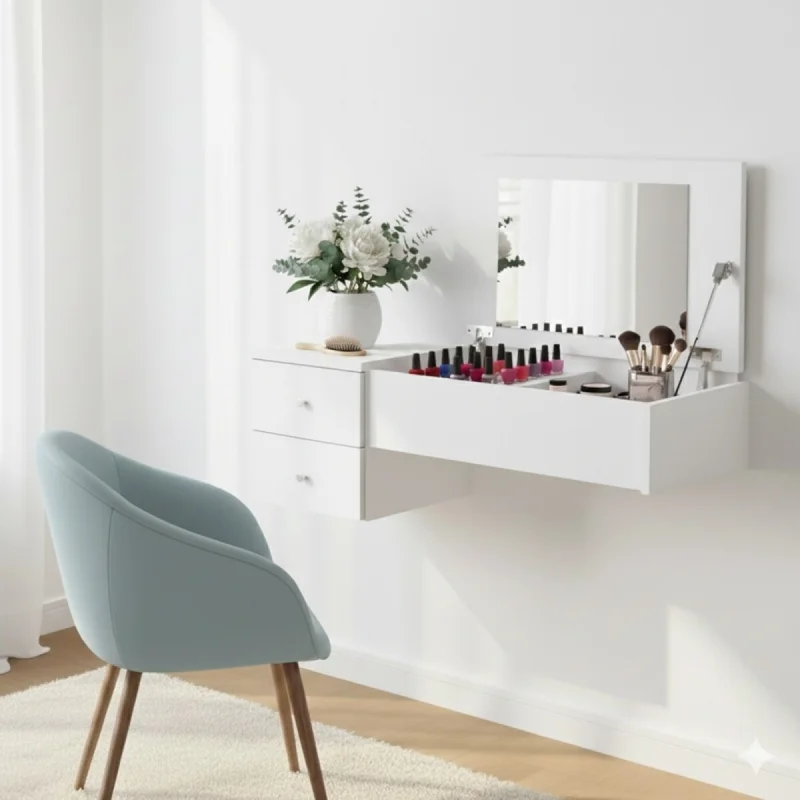 Mueble Tocador Zoe Colgante De Pared con Espejo - Escritorio y Cajones en Blanco, Uruguay | Mulata, vista 3