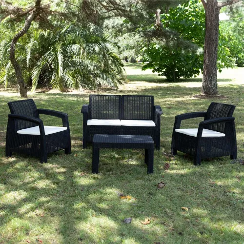 Juego de Jardín Santorini - 2 cuerpos, 2 butacas y mesa - Negro en Negro - Muebles para el exterior, Uruguay | NYR