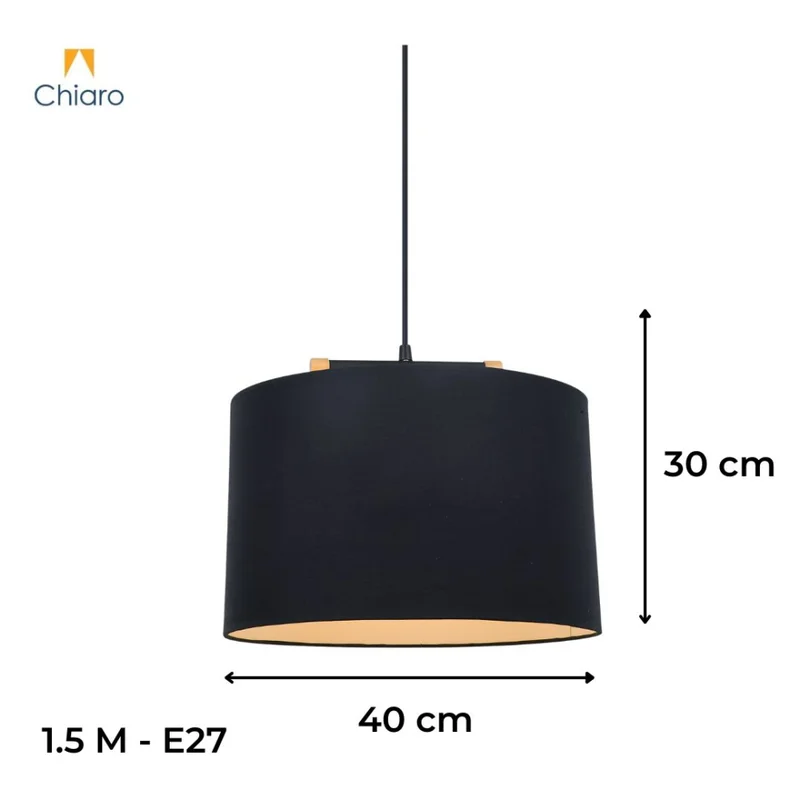 Colgante pantalla de tela negra y detalles en madera 40cm en Negro - Lámparas colgantes, Uruguay | Iluminica, vista 3