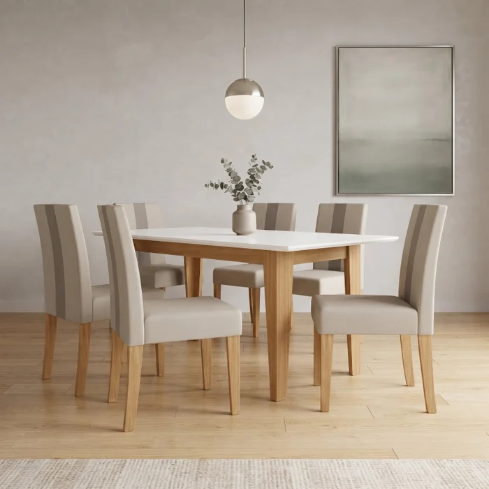 Juego de comedor Liz 6 sillas - Moderna Hogar en Estructura Freijo UV / Tapa Off White / Sillas Beige - Mesas de comedor, Uruguay | Moderna Hogar