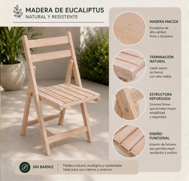 Silla Plegable Madera Eucaliptus en Madera natural - Sillas, Uruguay | La Cueva Muebles, vista 3
