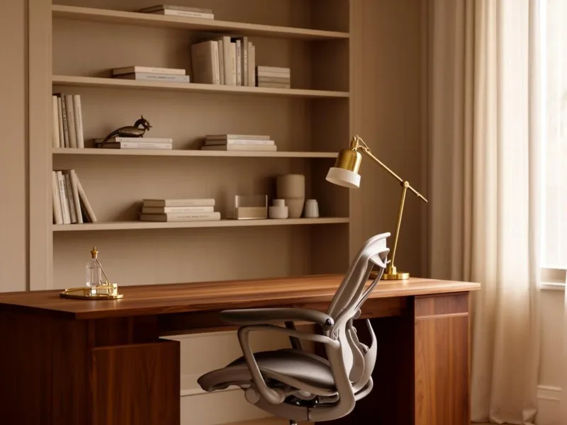 Oficina en casa con luz natural, lámpara de escritorio y superficie de trabajo
