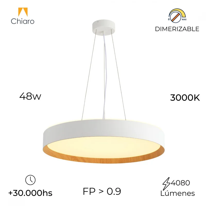 Luminaria led suspender blanca y madera 48W dimerizable, 50cm en Blanco - Lámparas colgantes, Uruguay | Iluminica, vista 3