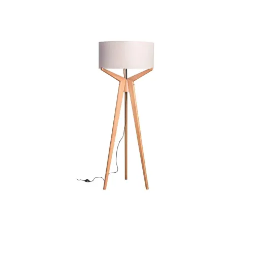 LAMPARA DE PIE MADERA MACIZA NAVI TRIPPE CON PANTALLA CRUDA en Blanco - Lámparas de pie, Uruguay | Champagne Home