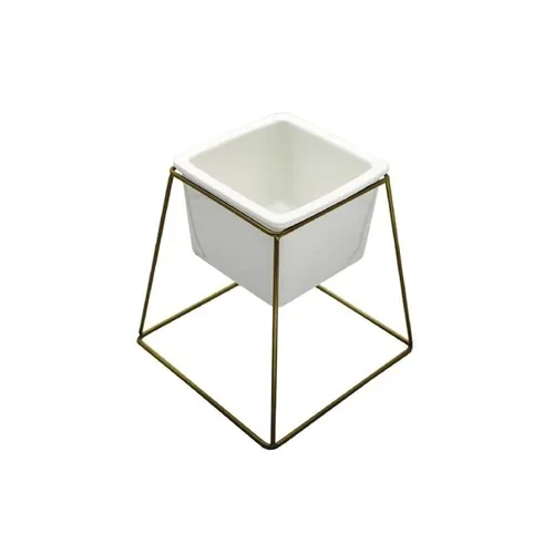 MACETA CERAMICA CUAD. 11x11x16CM BLANCO/DORADO - Macetas, Uruguay | Decohogar