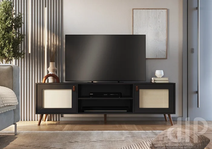 Rack Praga 140 cm - Negro con Esterilla en Gris - Muebles para TV, Uruguay | Berna Home, vista 4