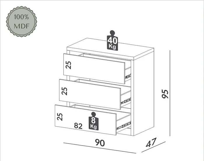 Comoda Mela 90CM 3 Cajones 100% MDF en Madera natural - Cómodas, Uruguay | Balton, vista 4