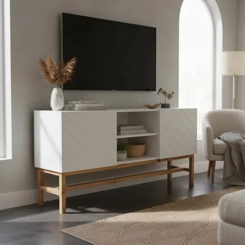 Rack para tv laca blanca - PRODUCTO CON DETALLES EN LA MADERA - en Blanco - Muebles para TV, Uruguay | Champagne Home