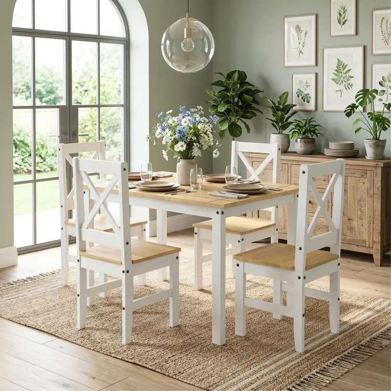 Juego de comedor 4 sillas - Madera maciza - Cruceta - Blanco en Focus Mari Slim - Mesas de comedor, Uruguay | Rústico Hogar
