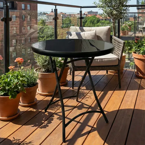 Mesa Plegable Redonda - Vidrio Templado 60 cm - Lunch en Negro - Muebles para el exterior, Uruguay | Delta Center