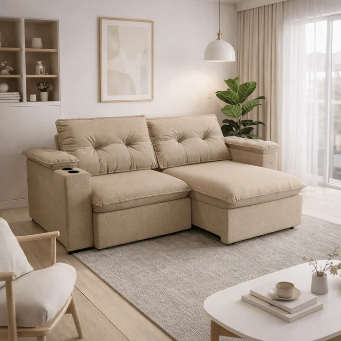 Sofa Zandon 260CM - Retractil/Reclinable en Lino Arena A085 - Sillones y sofás, Uruguay | Balton, vista 2