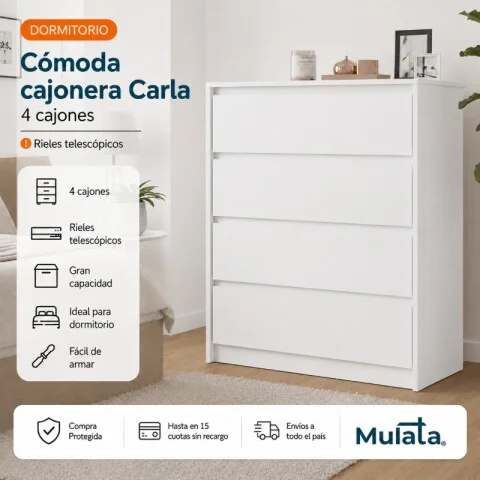 Comoda Cajonera Carla para Dormitorio 4 Cajones con Rieles Telescópicos - Blanco en Blanco - Cómodas, Uruguay | Mulata