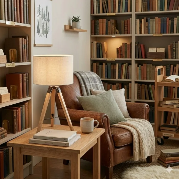 Portátil nórdica tela natural estilo trípode E27 70CM en Beige - Lámparas de mesa, Uruguay | Iluminica