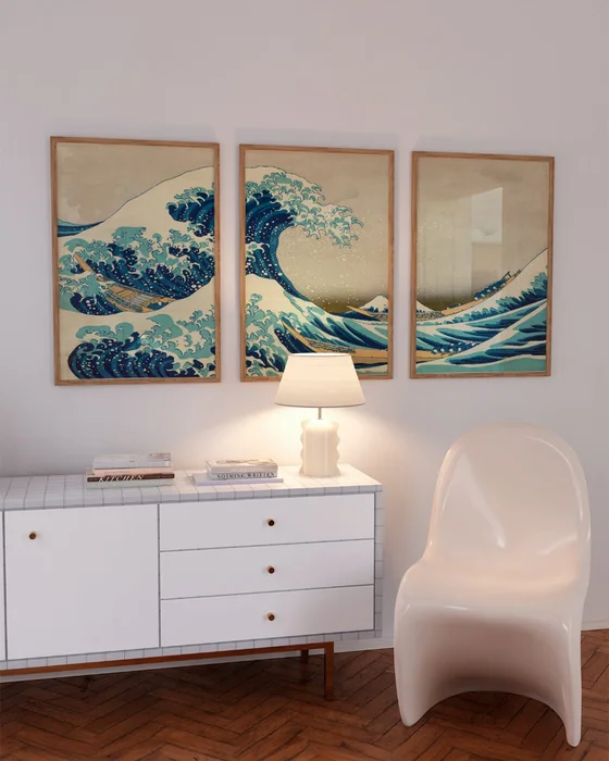 Hokusai - La gran ola de Kanagawa Tríptico en Azul - Láminas, Uruguay | La Cuadrería