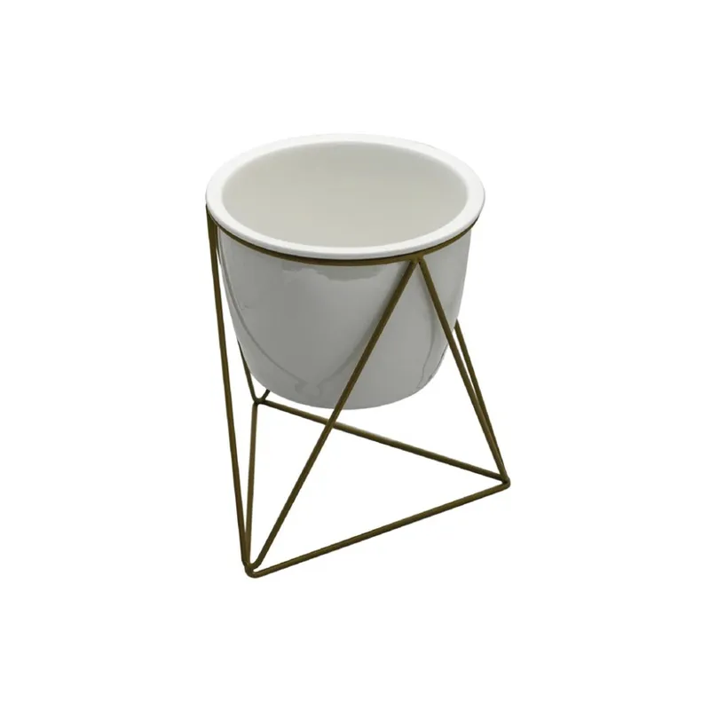 MACETA CERAMICA RED. C/BASE D14x18CM BLANCO/DORADO en Blanco - Macetas, Uruguay | Koz