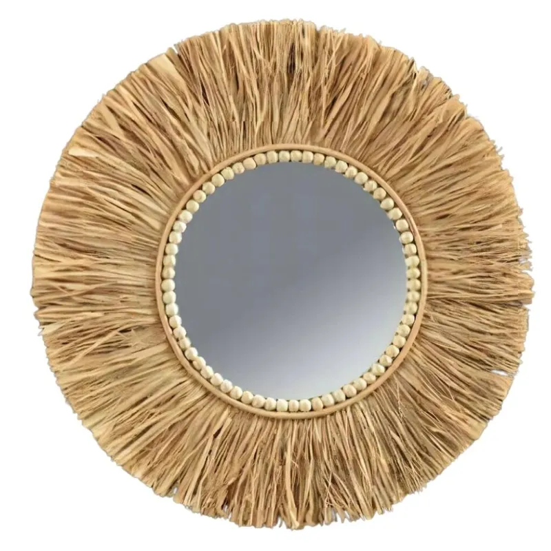 Espejo redondo con marco de raffia en Madera natural - Espejos, Uruguay | La Cueva Muebles