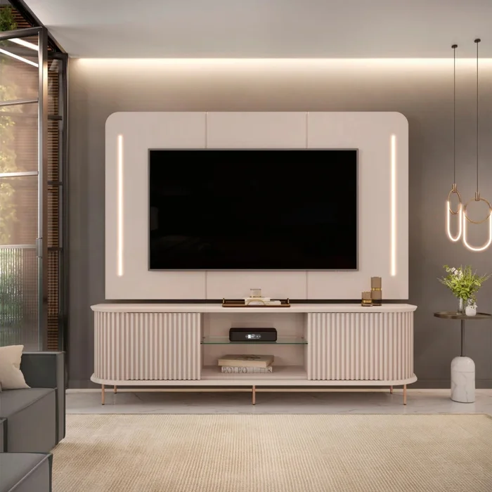 Rack con Panel Atlas Blanco en Blanco - Muebles para TV, Uruguay | Ecowood, vista 2