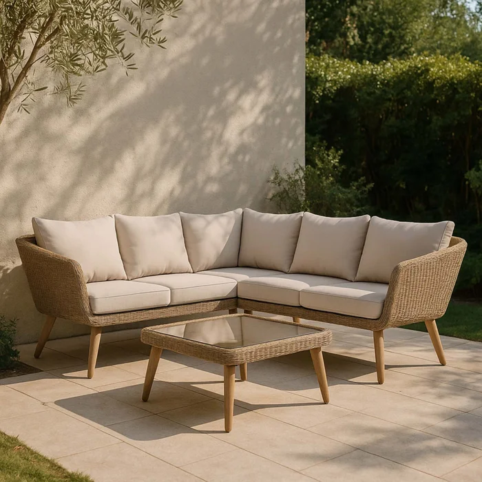 Set Esquinero Exterior Rattan-y-madera Natural-beige Toulouse en Madera natural - Muebles para el exterior, Uruguay | Divino