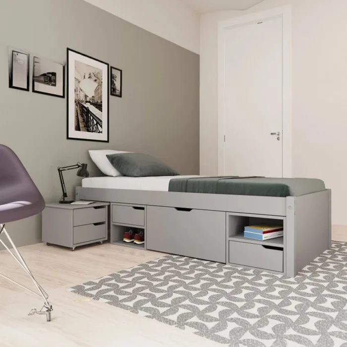 Cama Madera Maciza Con Cajones Funcional - 1 plaza - Línea Onix - Gris en Gris - Dormitorio, Uruguay | Ecowood, vista 2