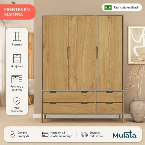 Ropero Armario de 3 Puertas, Perchero y 4 Cajones en MDP - Madera - Línea Melilla - Cinza en Gris - Roperos y placares, Uruguay | Mulata