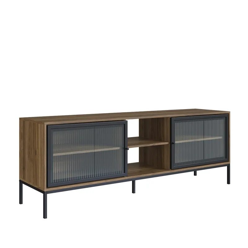 Rack con estantes y puertas de vidrio C/ marco negro color Noce Oro - Muebles para TV, Uruguay | Champagne Home