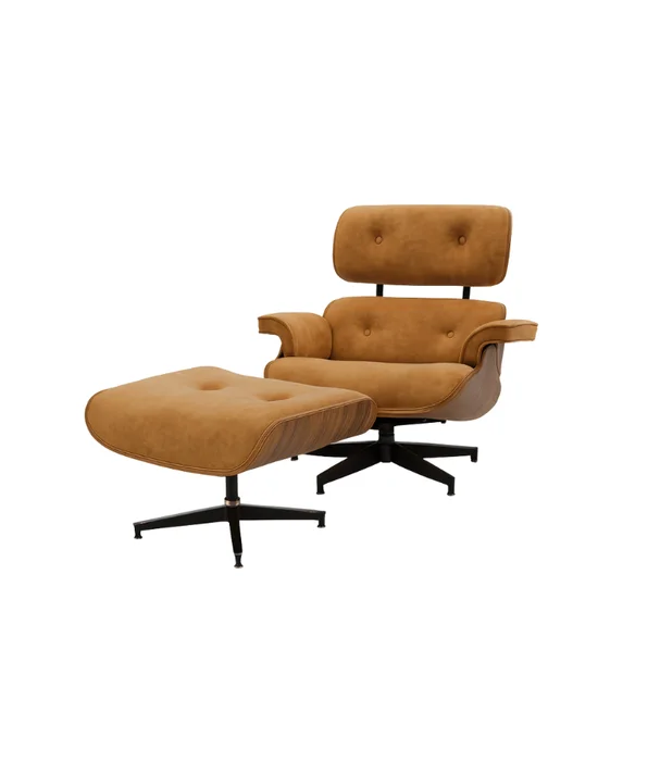 BUTACA EAMES GAMUZA CASTAÑO CON PUFF en Marrón - Butacas, banquetas y puffs, Uruguay | Más Infinito Casa