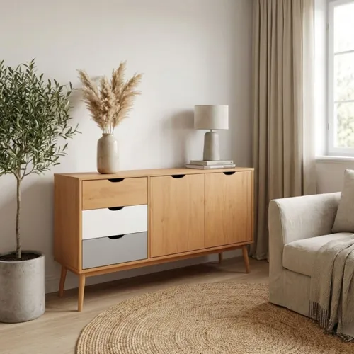 Aparador 2 Puertas 3 Cajones - Linea Nordica - Roble/Gris claro/Blanco en Madera natural - Aparadores y recibidores, Uruguay | Rústico Hogar
