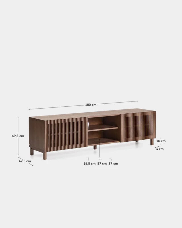 Mueble TV Beyla 2 puertas de chapa y madera maciza de fresno con acabado tono nogal 180 x 49,5 cm en Marrón - Muebles para TV, Uruguay | Kavehome, vista 8