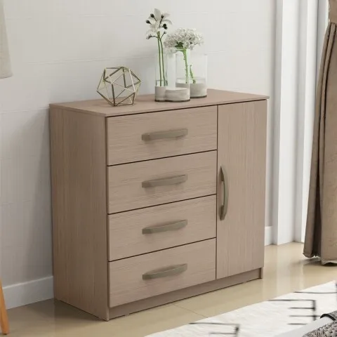 Cómoda Cajonera para Dormitorio de 4 Cajones y 1 Puerta en MDP - Noce en Beige - Cómodas, Uruguay | Mulata